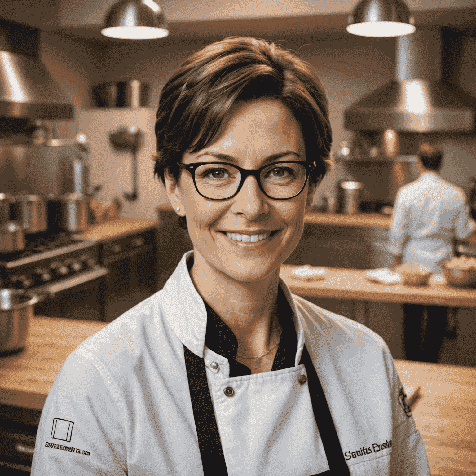 Portrait of Jane Doe, a woman in her 40s with short brown hair and glasses, wearing a chef's jacket and smiling warmly at the camera. She is standing in a professional kitchen with baking equipment visible in the background.