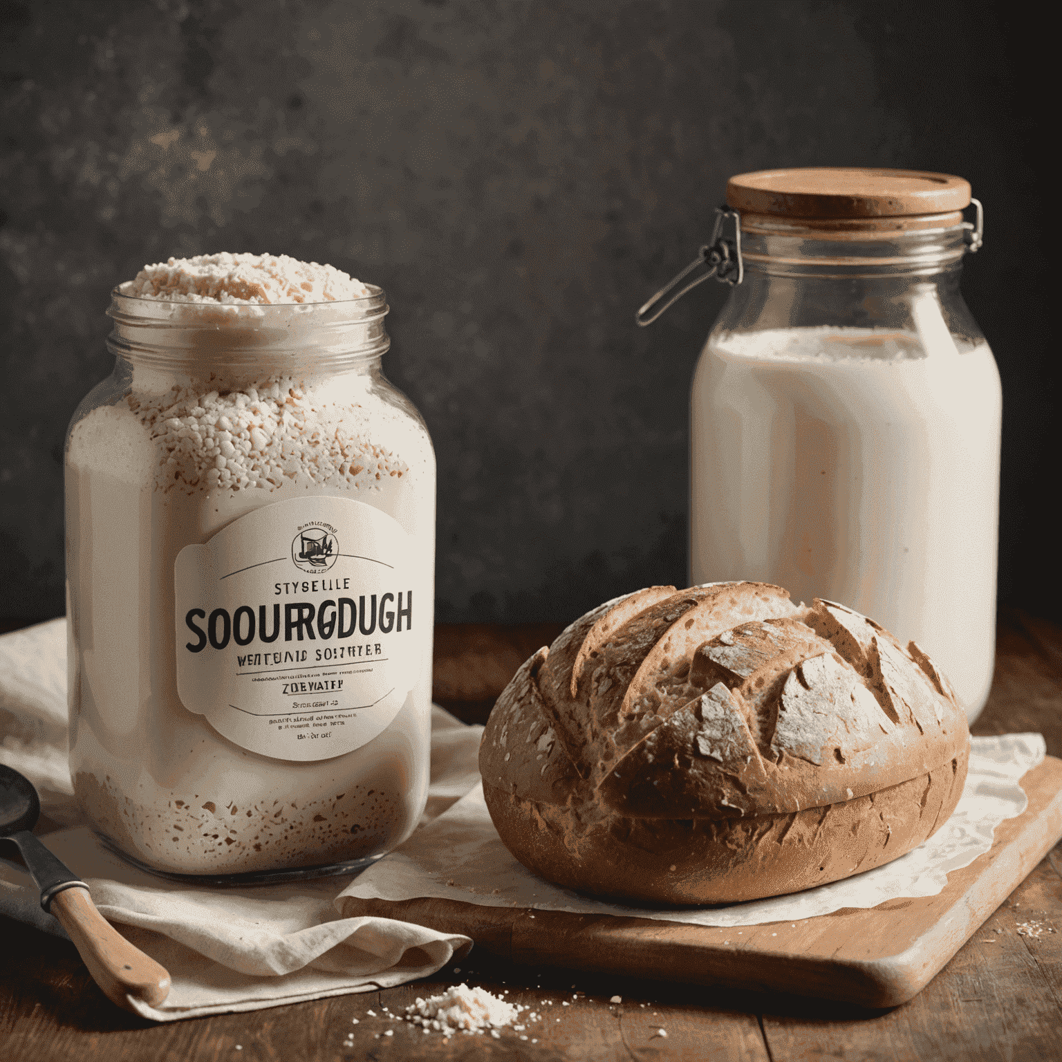 A freshly baked loaf of sourdough bread with a crispy crust and open crumb structure, next to a jar of sourdough starter