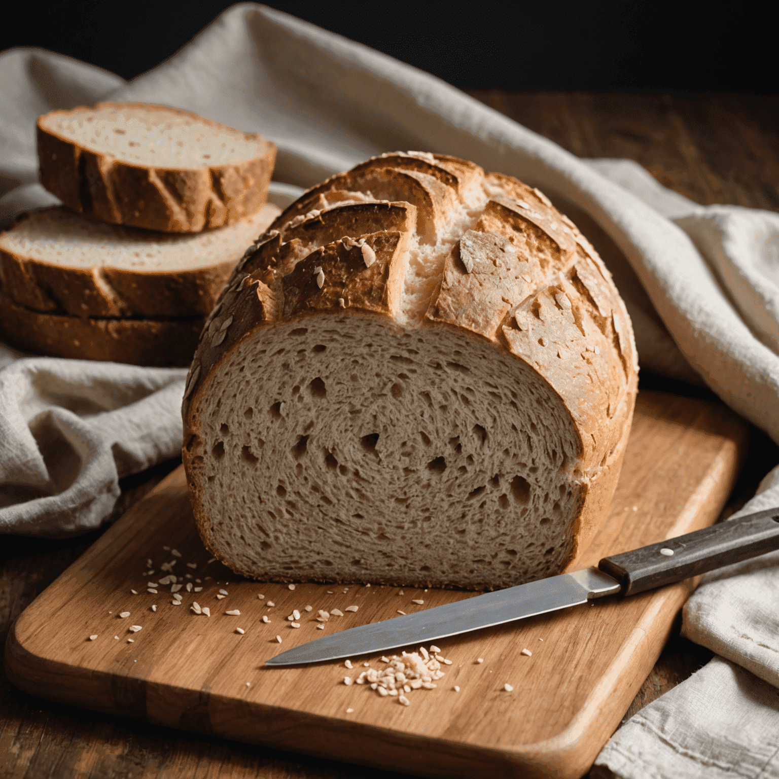 A freshly baked loaf of sourdough bread with a crispy crust and open crumb structure, sitting on a wooden cutting board next to a linen cloth and a bread knife