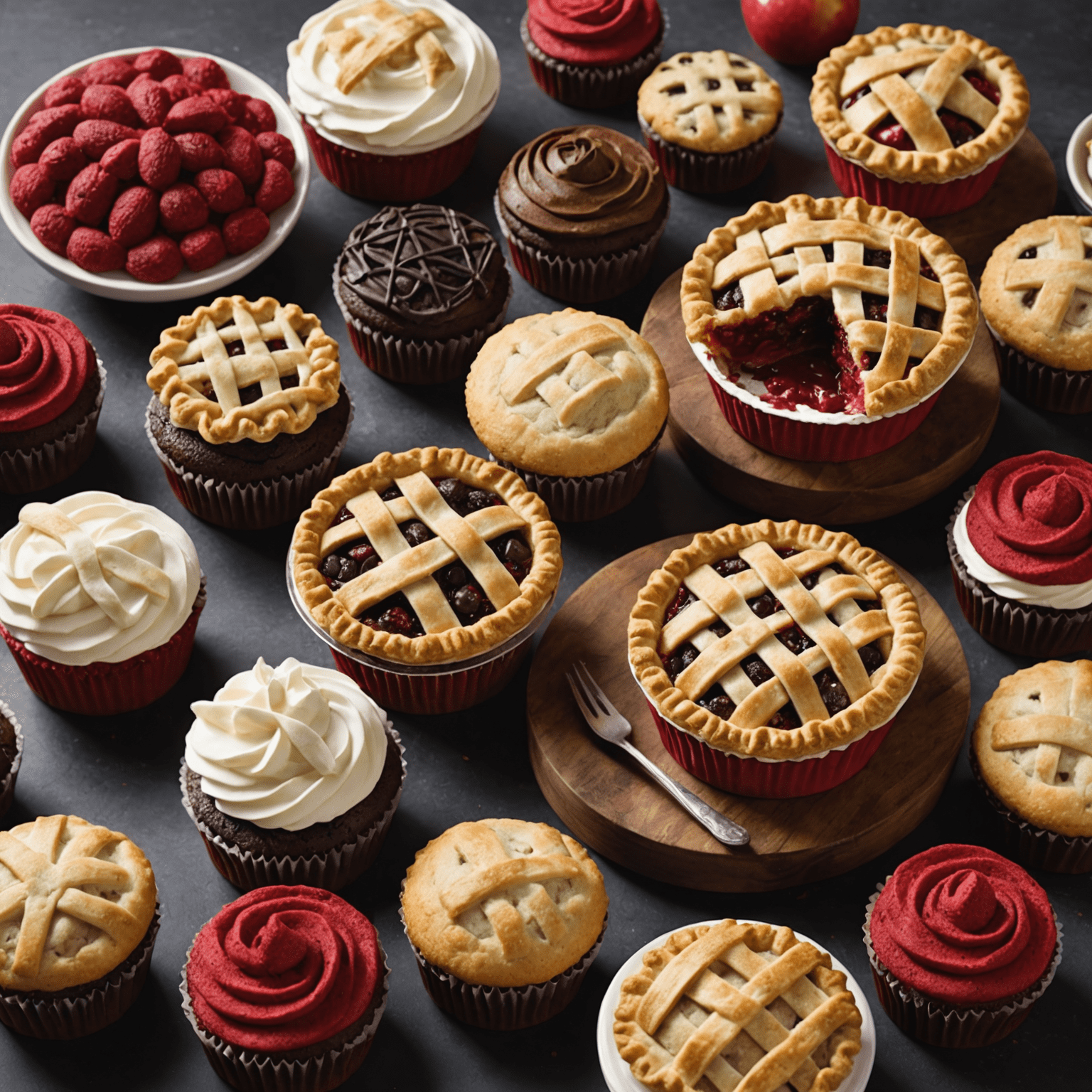 A display of various American bakery classics including apple pie, chocolate chip cookies, and red velvet cupcakes