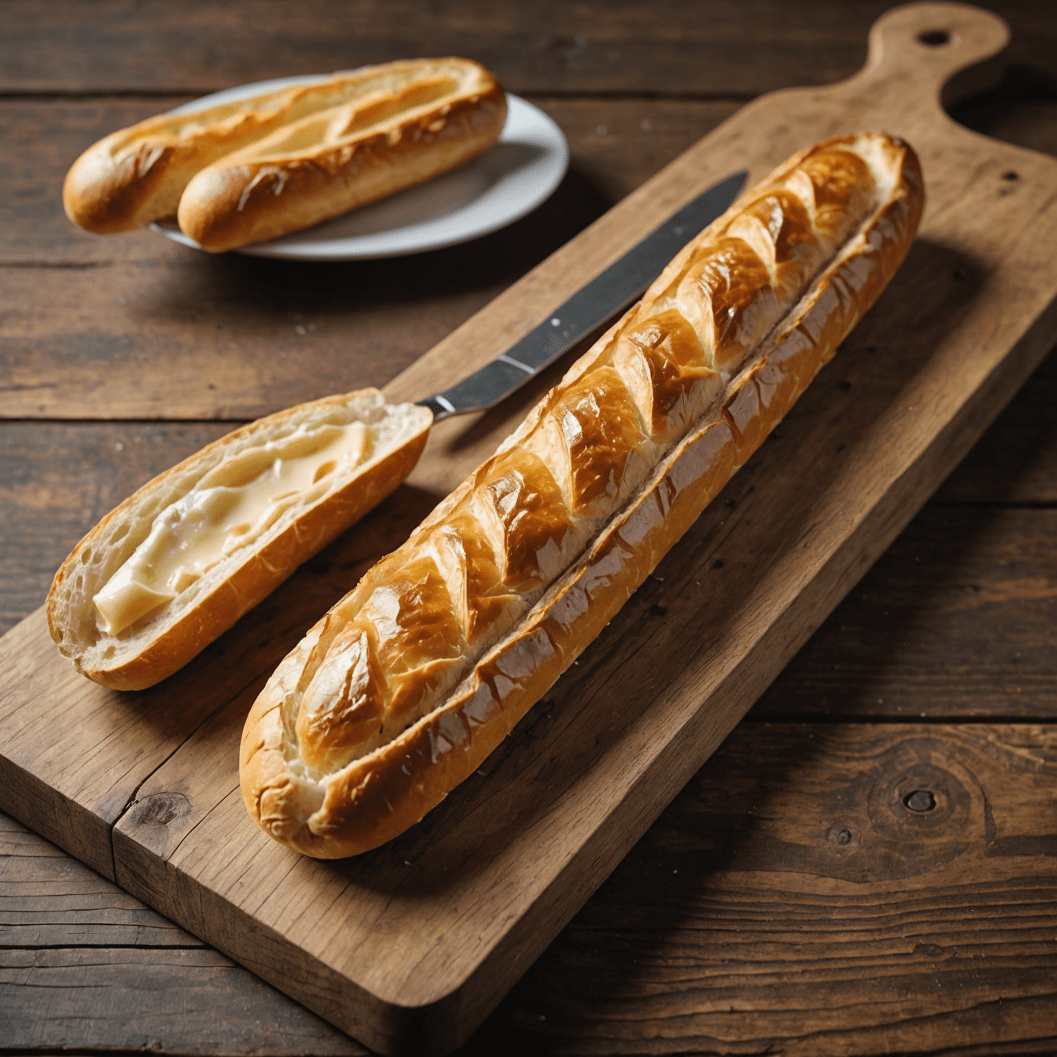 A golden-brown French baguette with a crispy crust and soft interior, placed on a rustic wooden board