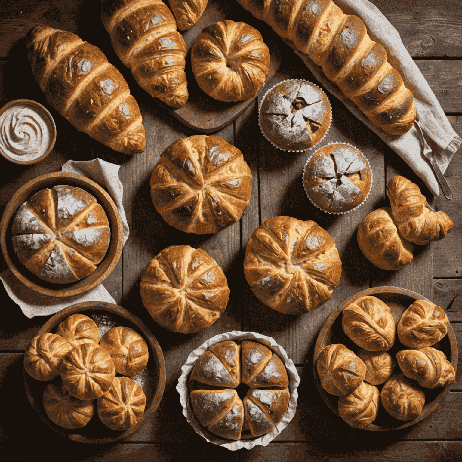 A variety of gluten-free breads and pastries displayed on a rustic wooden table, including a crusty loaf, fluffy muffins, and golden croissants