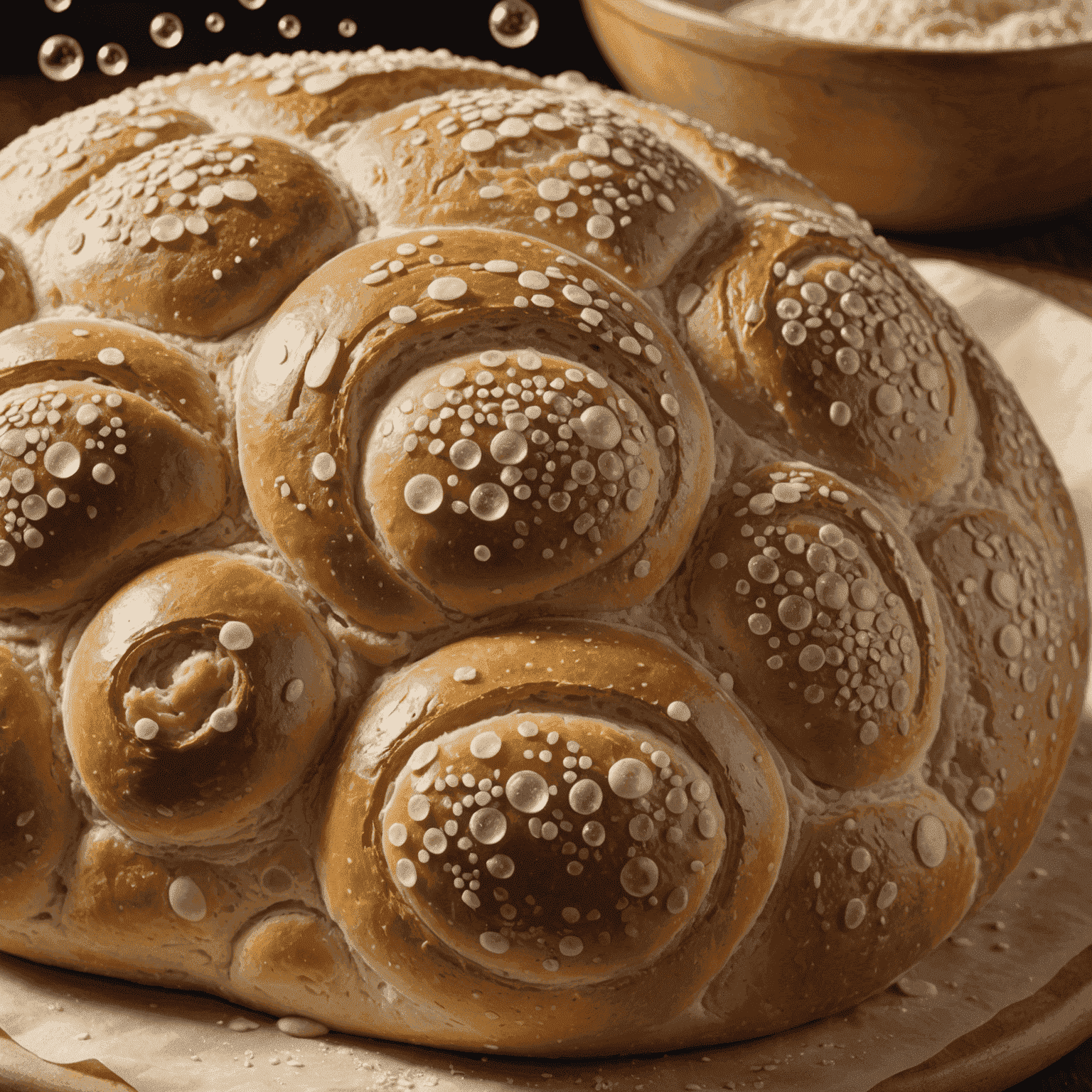 A close-up of bread dough rising, showing bubbles formed by yeast fermentation