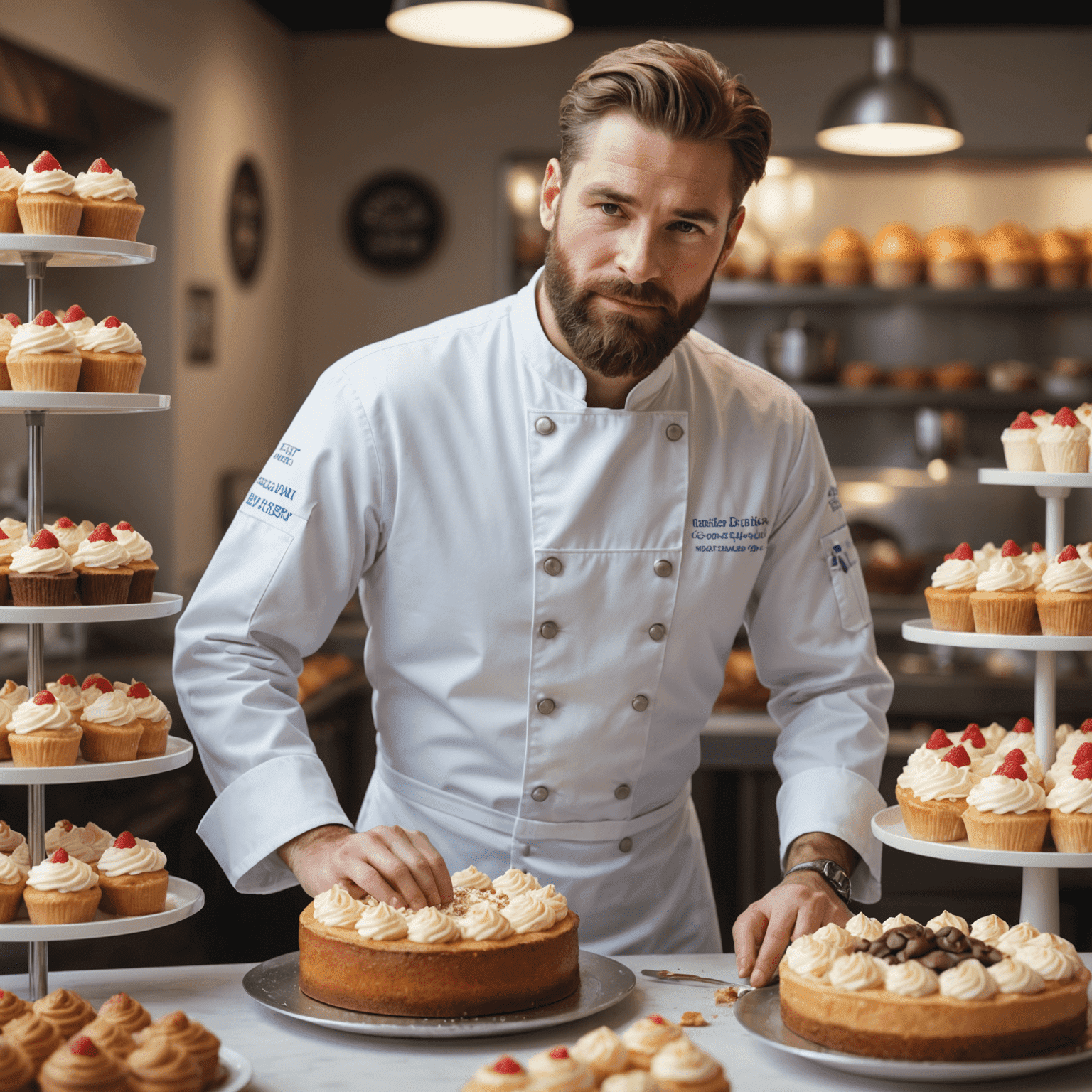 Portrait of John Smith, a man in his 30s with a neatly trimmed beard, wearing a pastry chef uniform. He is decorating an elaborate cake in a bright, modern bakery setting.