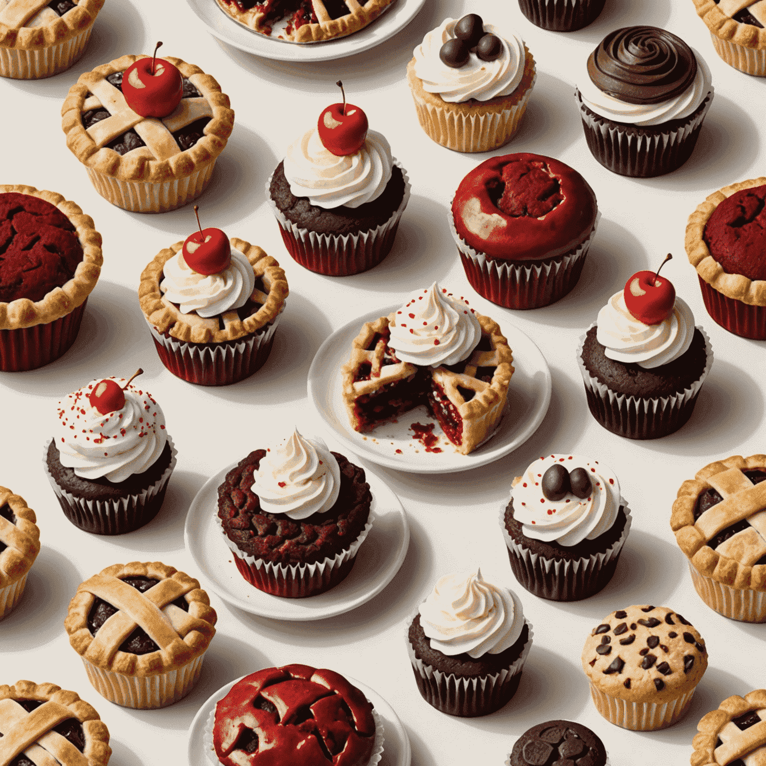 An assortment of classic American desserts including apple pie, chocolate chip cookies, and a red velvet cupcake