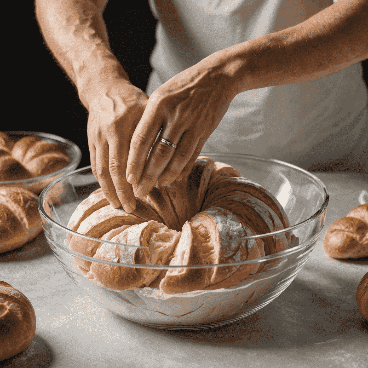 Hands performing a stretch and fold technique on sourdough bread dough in a glass bowl, showcasing the dough's elasticity