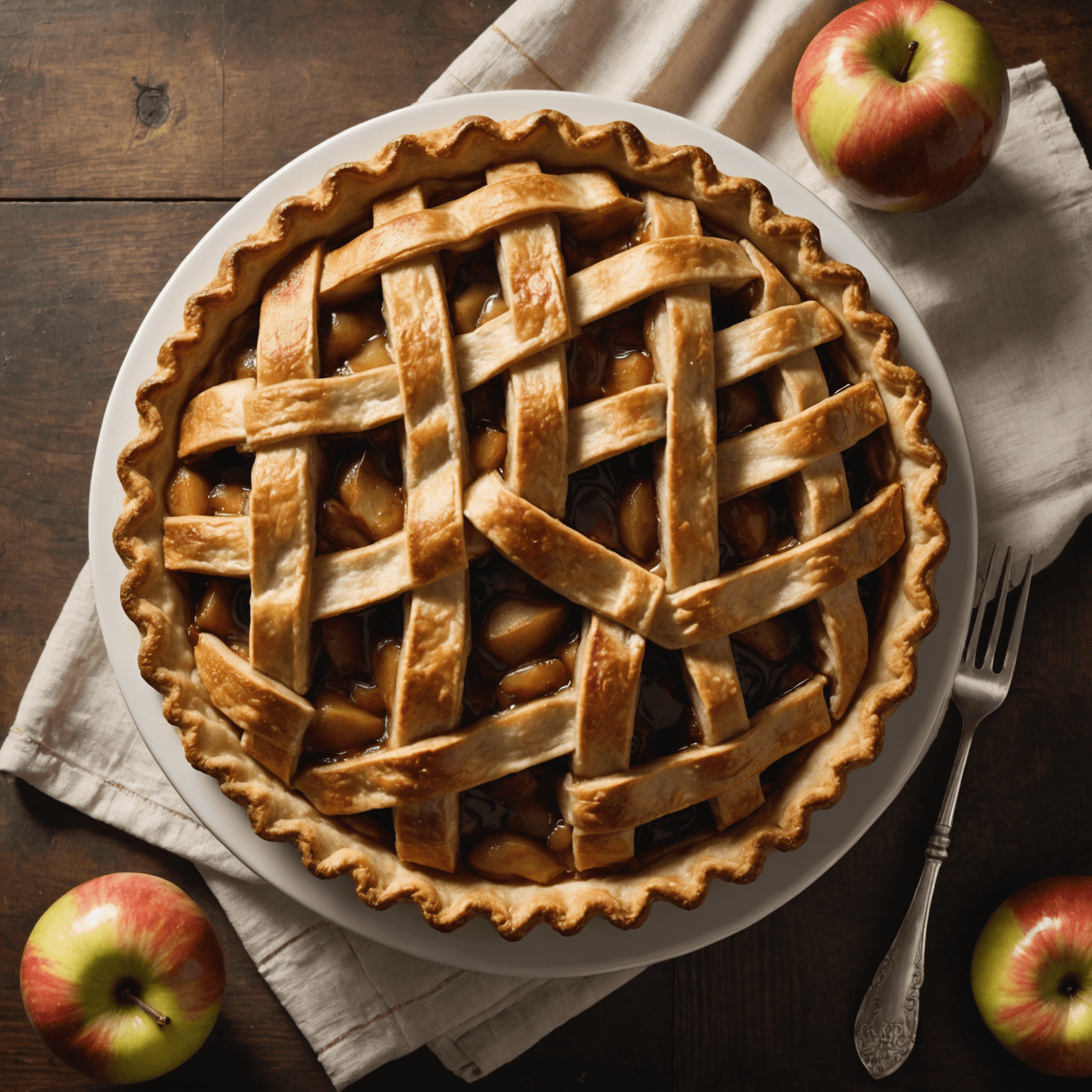 A golden-brown apple pie with a lattice crust, steam rising from its surface