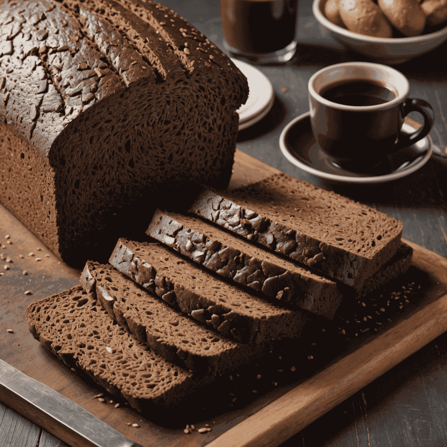 Slices of dark brown German pumpernickel bread, showcasing its dense texture and rich color