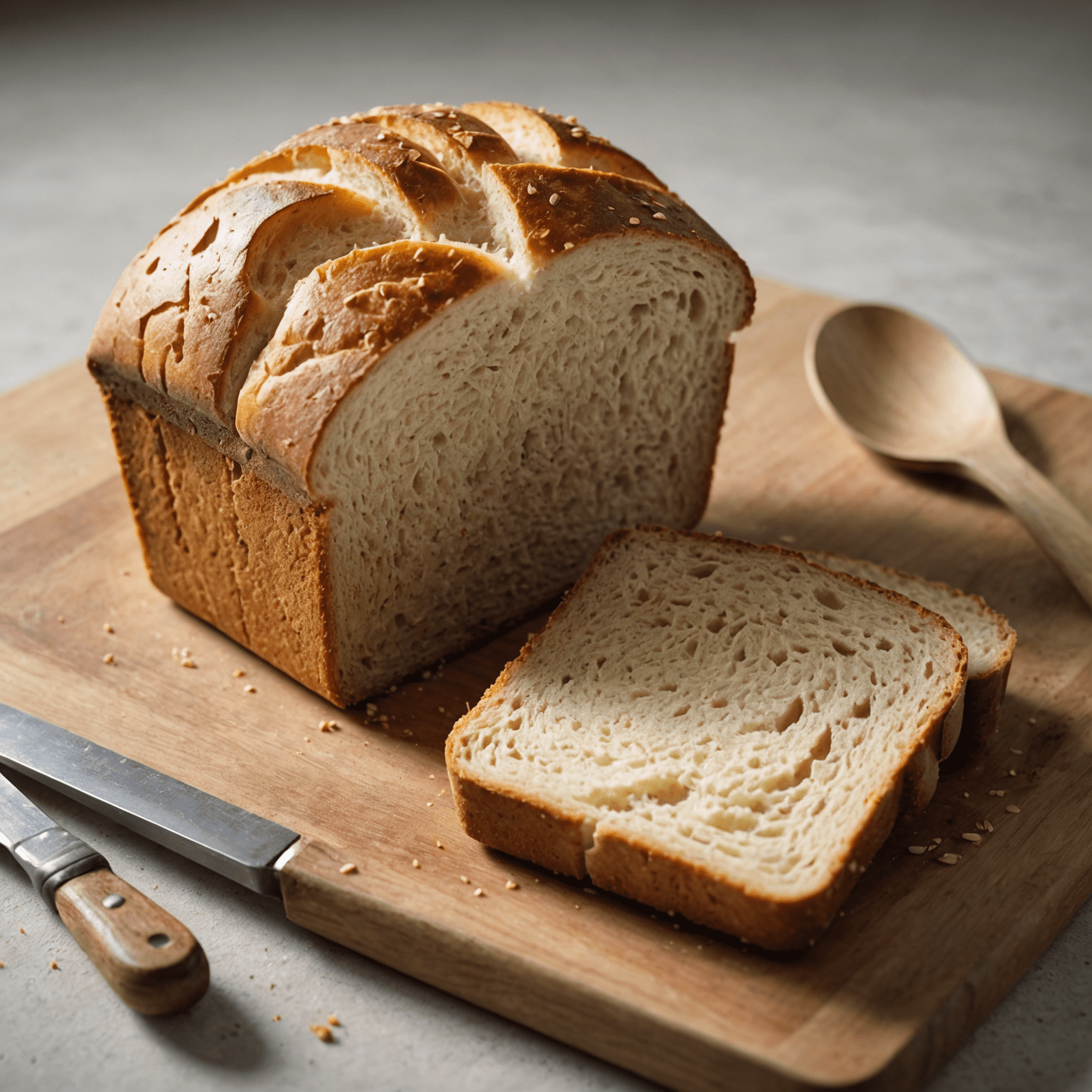 A freshly baked loaf of gluten-free bread with a golden crust, sliced to show its soft and airy interior