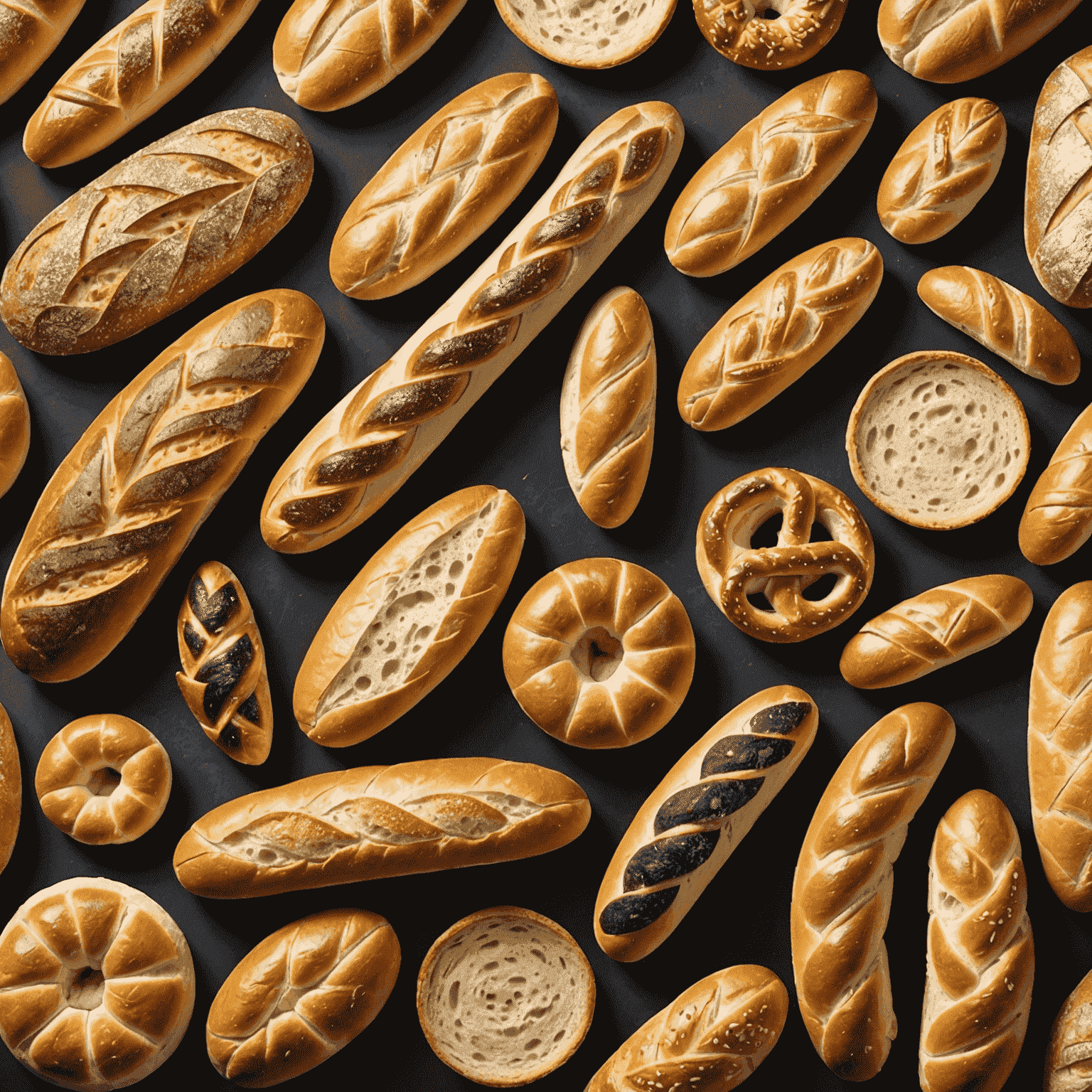 A diverse array of international bread types including French baguette, German pretzel, Indian naan, and Italian ciabatta