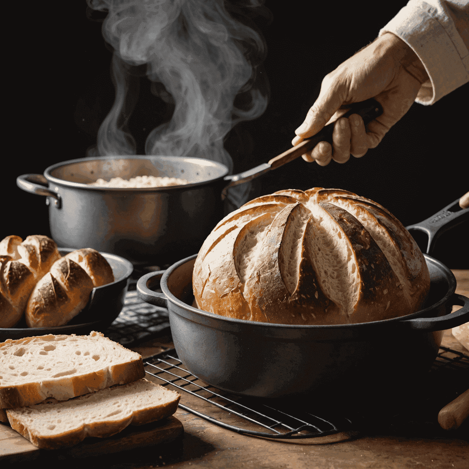 A beautifully scored sourdough loaf being placed into a hot Dutch oven, with steam rising from the pot