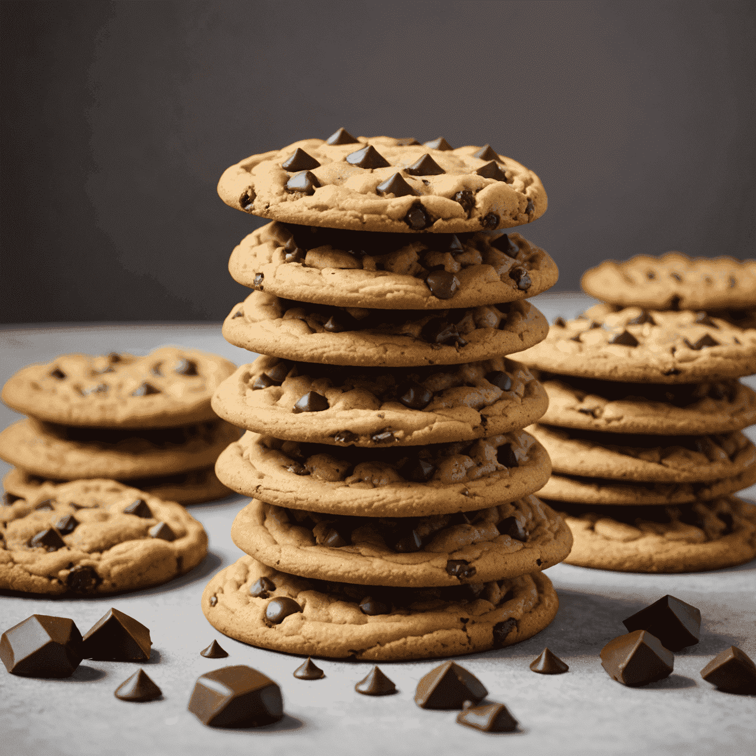 A stack of golden-brown chocolate chip cookies with melty chocolate chips visible