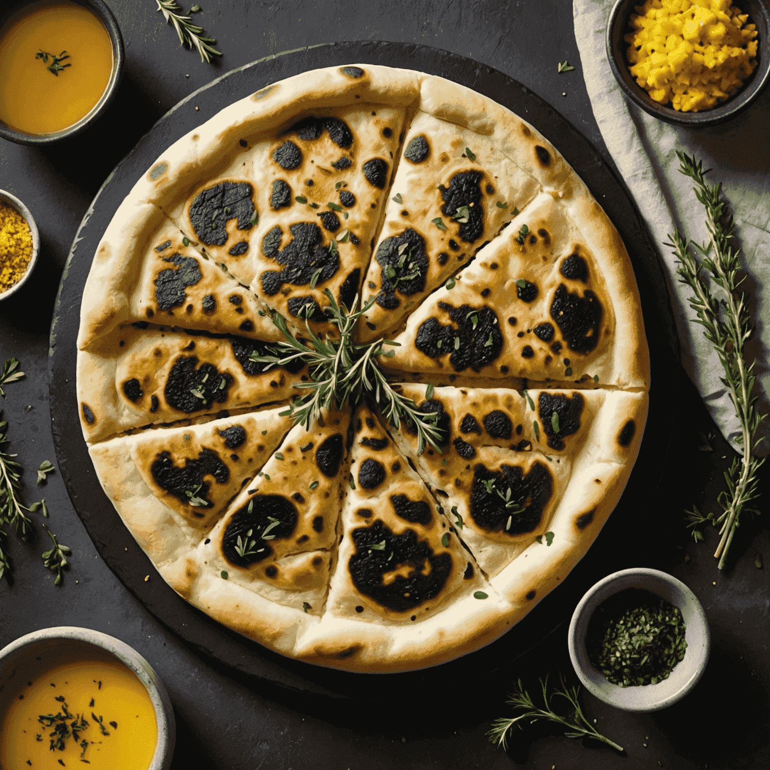 Freshly baked naan bread with charred spots, brushed with ghee and sprinkled with herbs