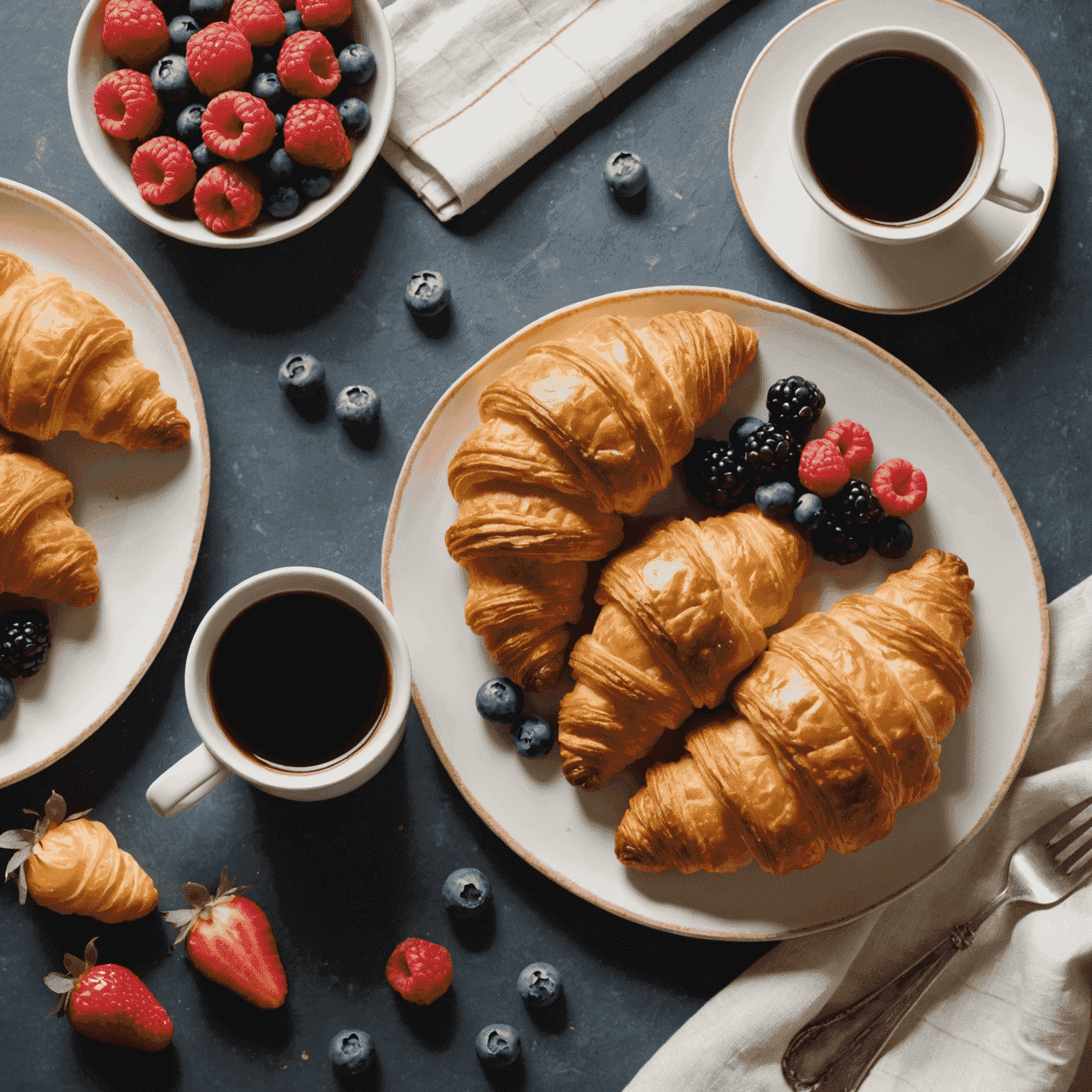 A plate of golden, flaky gluten-free croissants arranged artfully with some fresh berries and a cup of coffee