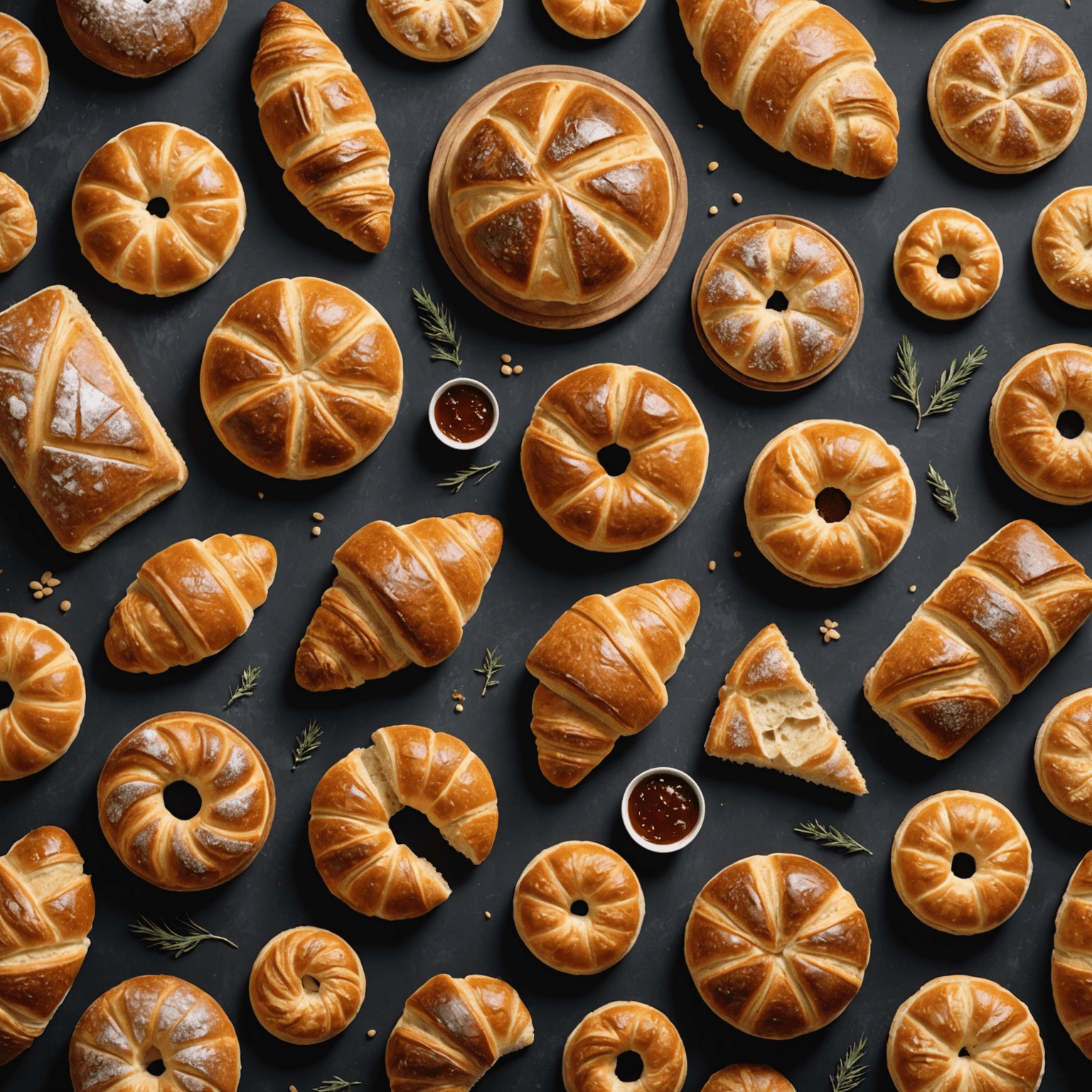 A collection of various baked goods including bread, croissants, and pastries, showcasing different applications of yeast fermentation