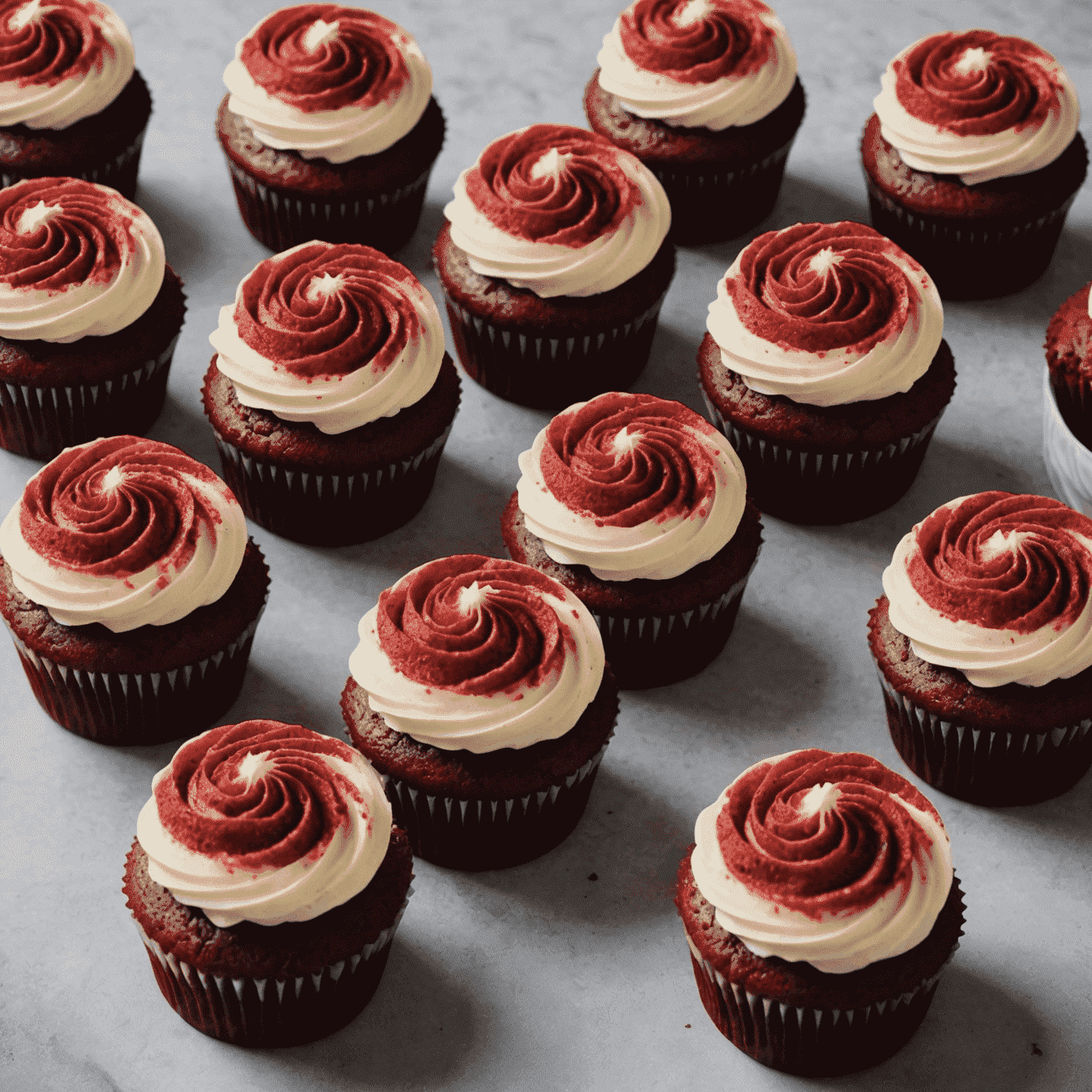 A batch of red velvet cupcakes with swirled cream cheese frosting