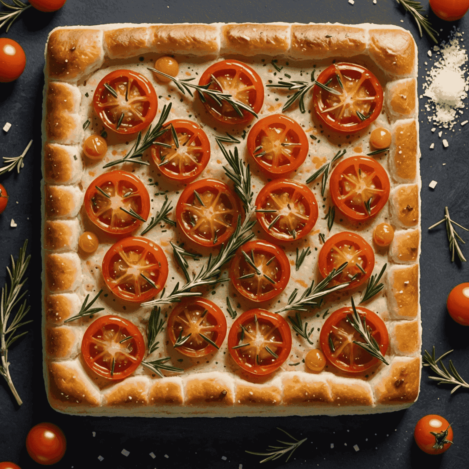 A square of golden focaccia bread topped with rosemary, cherry tomatoes, and coarse salt