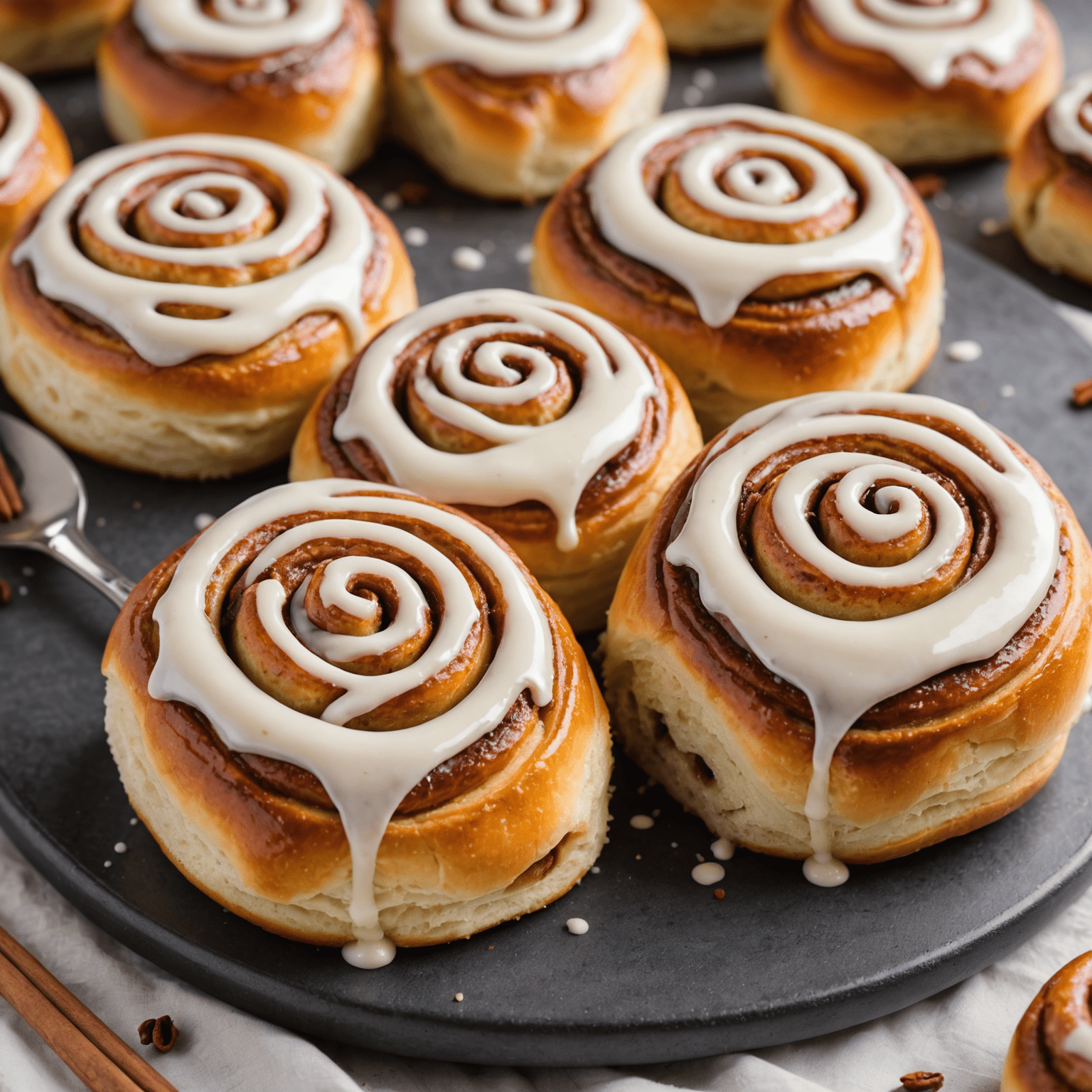 Freshly baked cinnamon rolls with gooey centers and cream cheese glaze