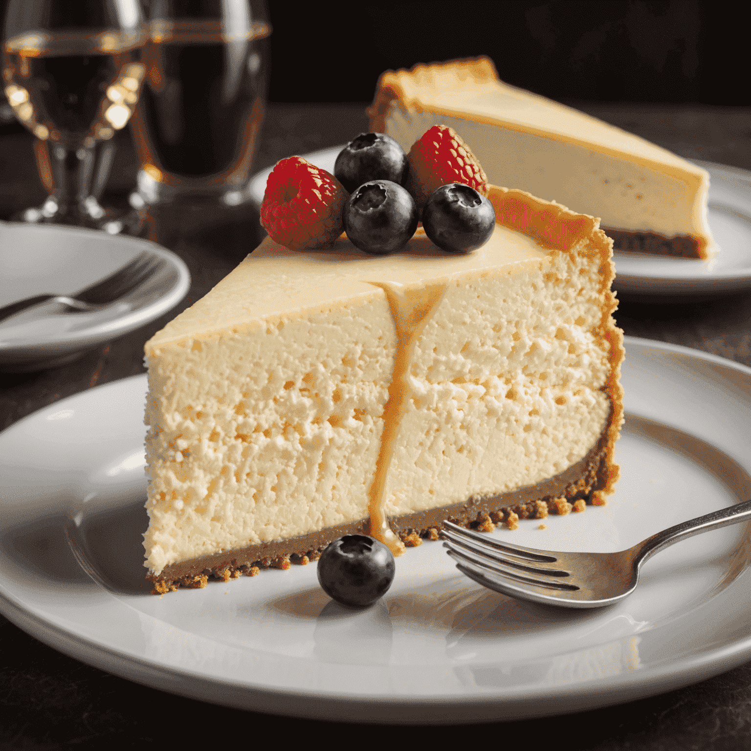 A slice of dense, creamy New York-style cheesecake on a plate