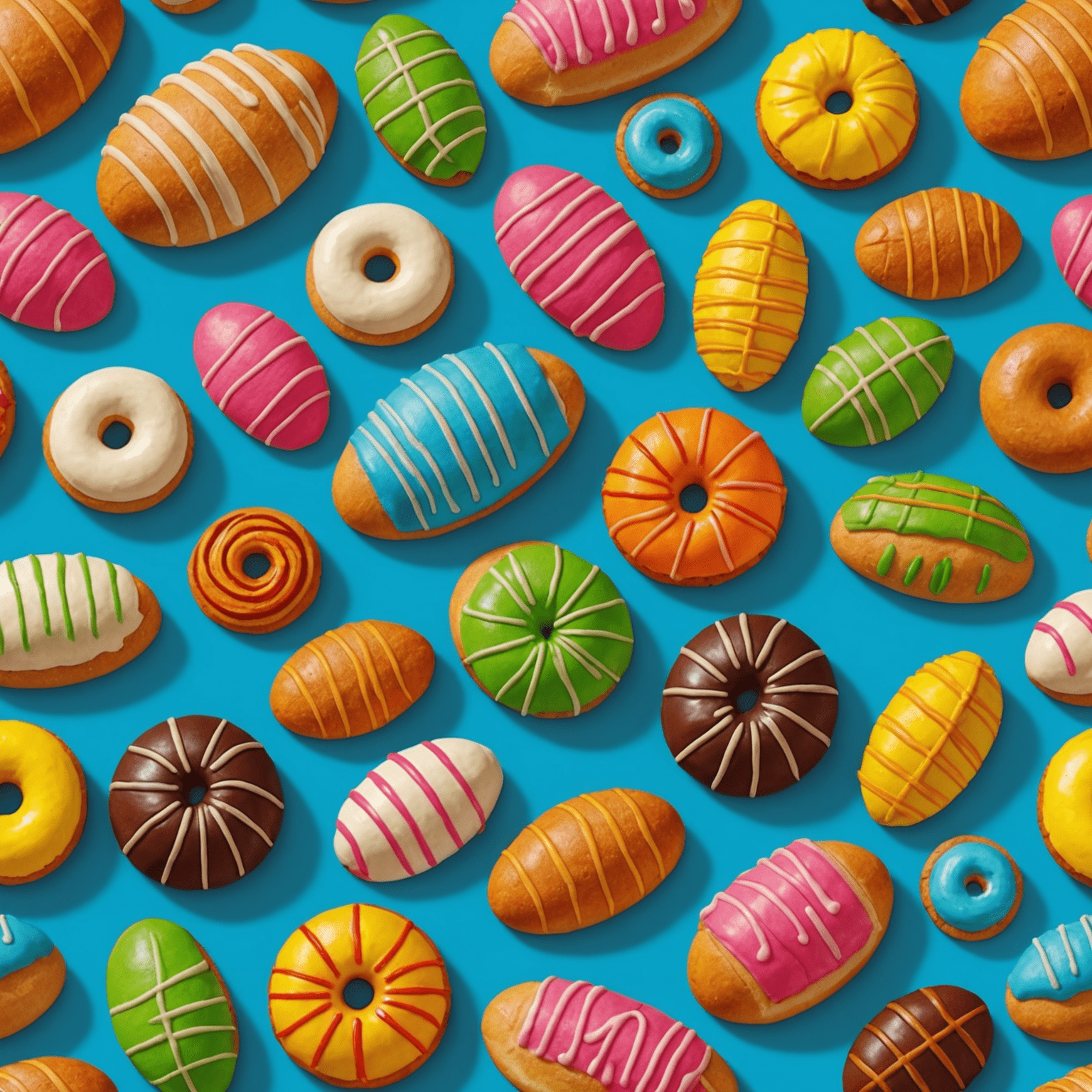 An assortment of colorful Mexican pan dulce, including conchas, orejas, and cuernos