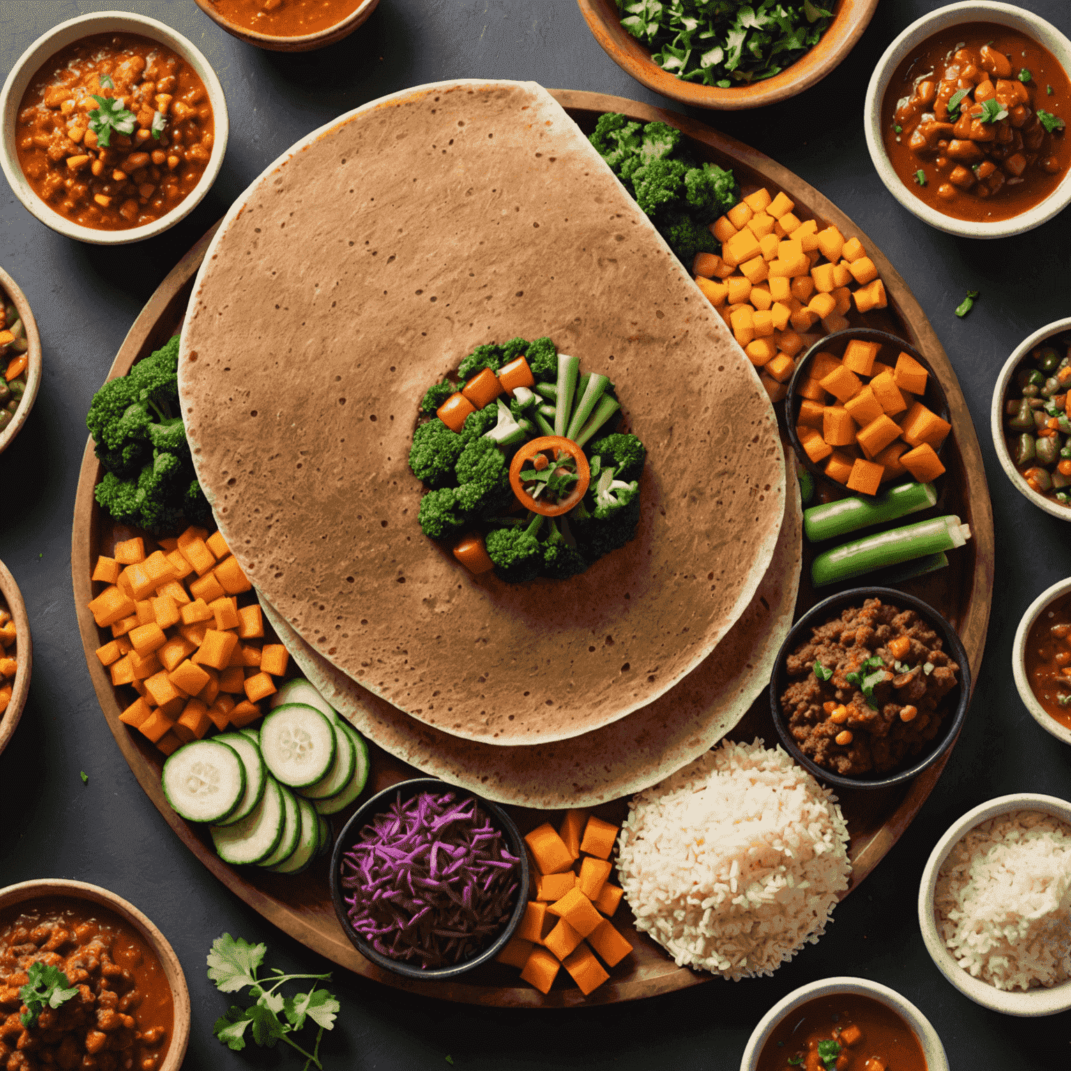 A large, spongy Ethiopian injera bread served with various colorful stews and vegetables